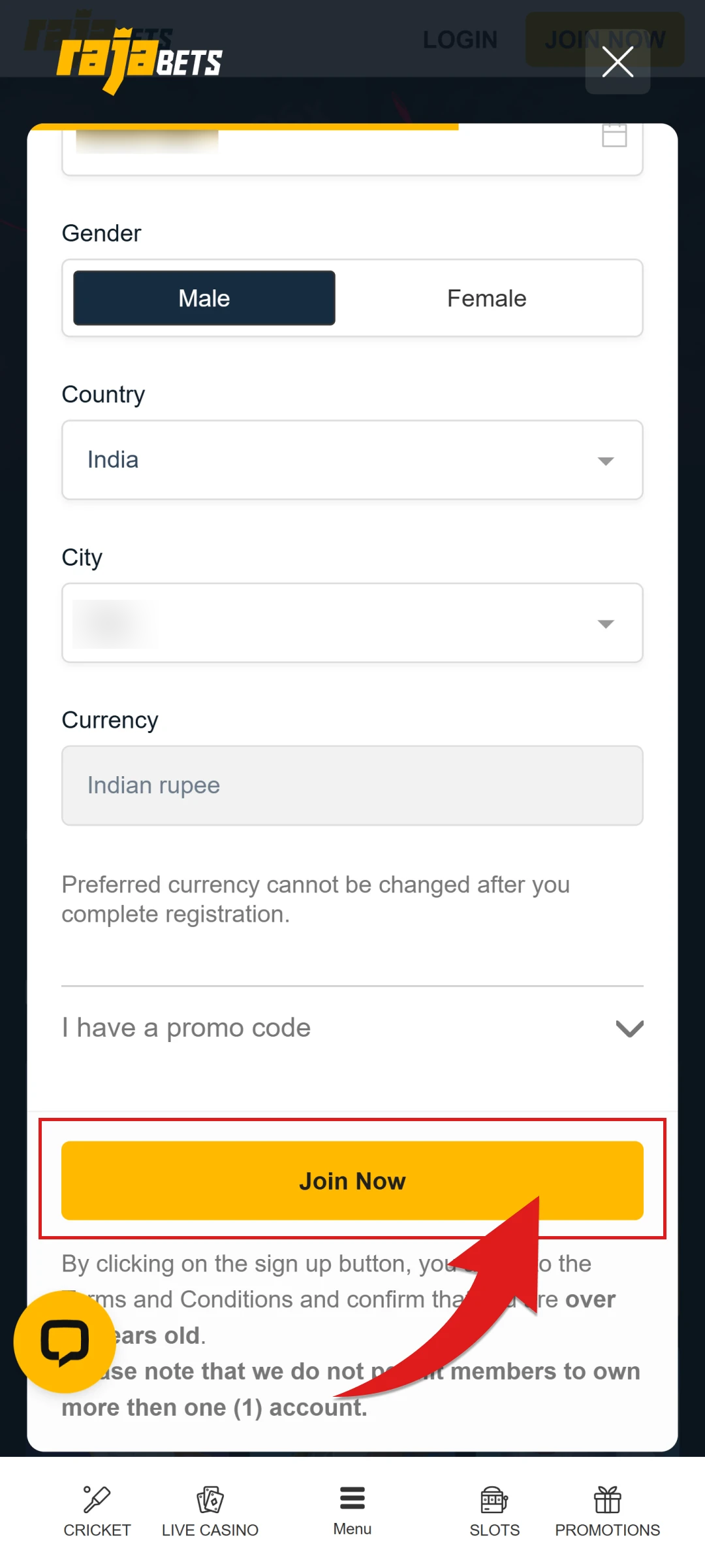 Finish the registration process for your official Rajabets App account.
