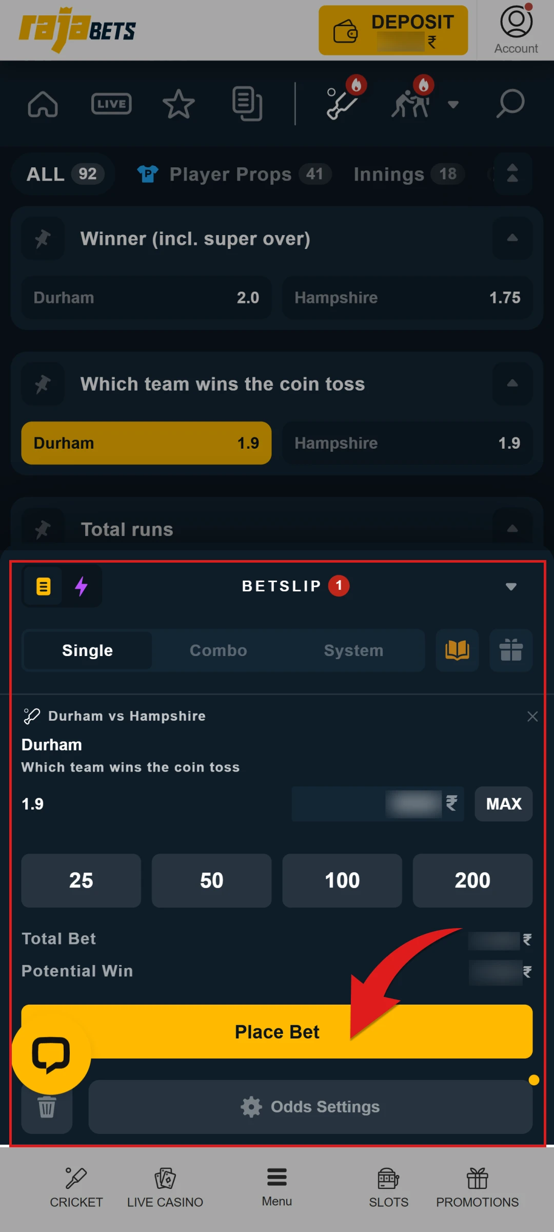Click the confirmation button to bet on the official Rajabets App.
