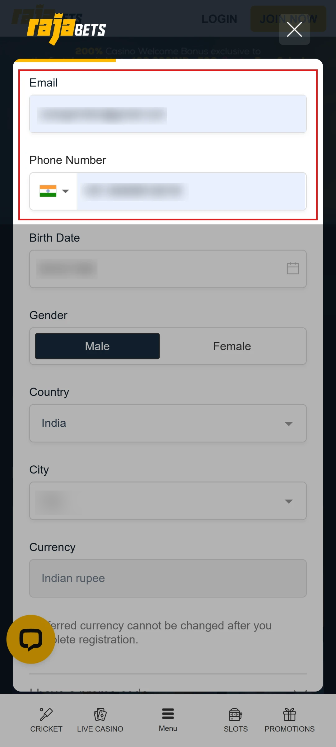 Enter your contact details to verify your Rajabets App account.