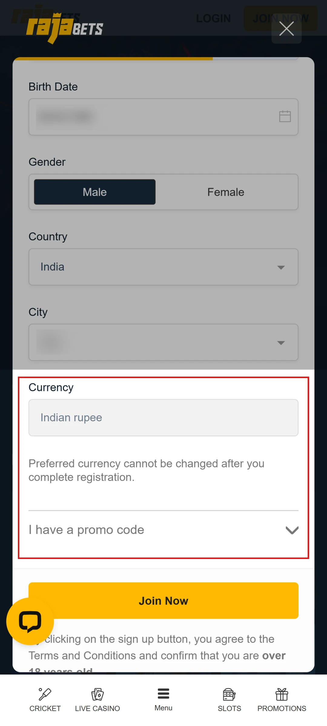 Select your currency and promo code for the Rajabets App account.