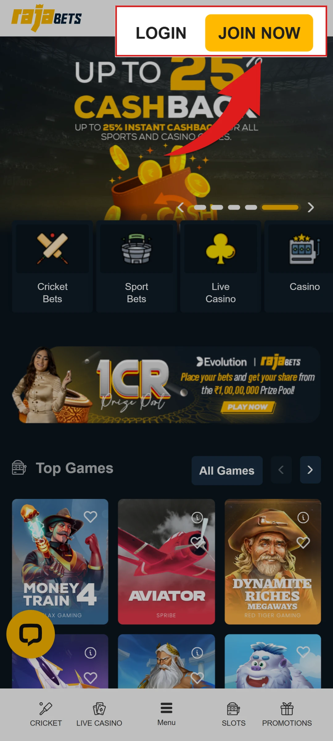 Tap the join button to open your new Rajabets App account.