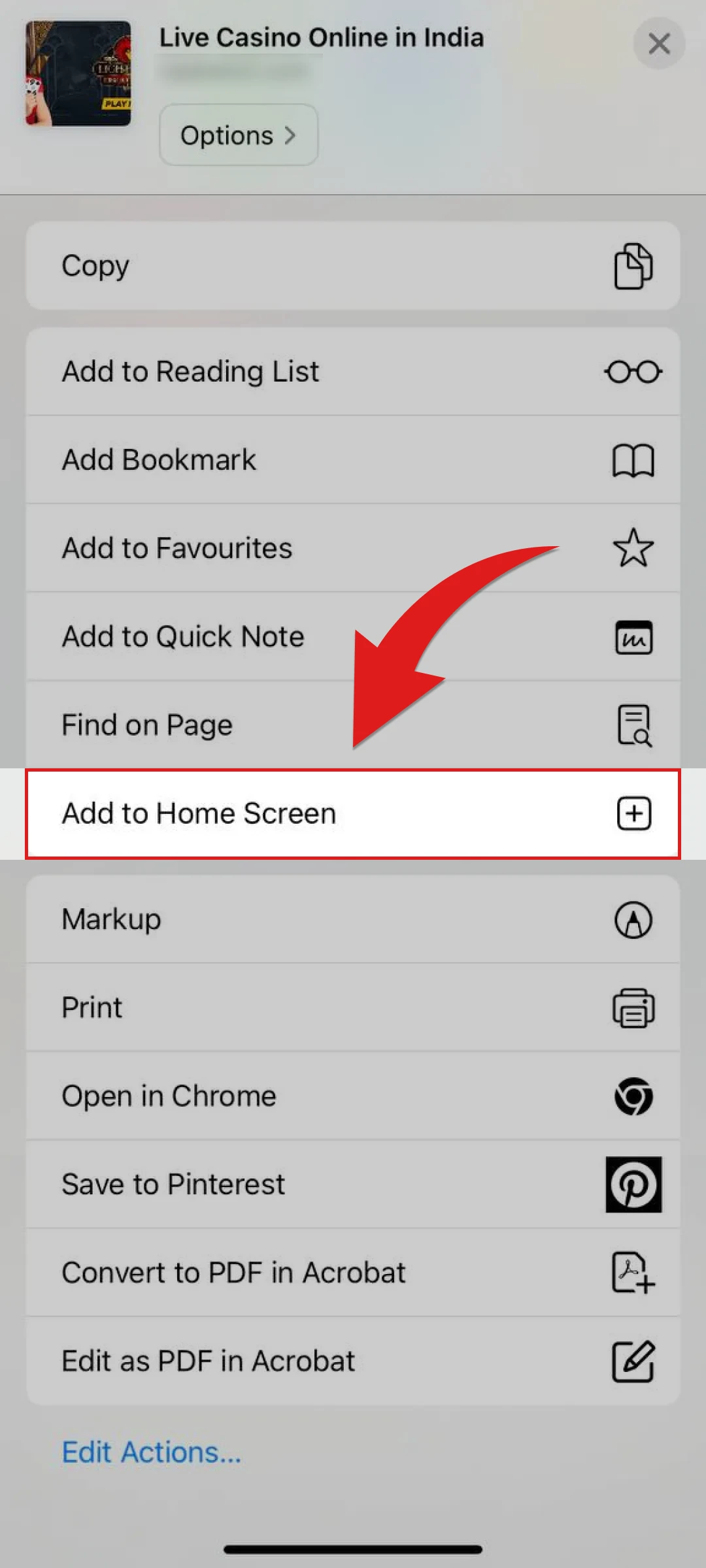 Select add to home screen for the Rajabets iOS App.