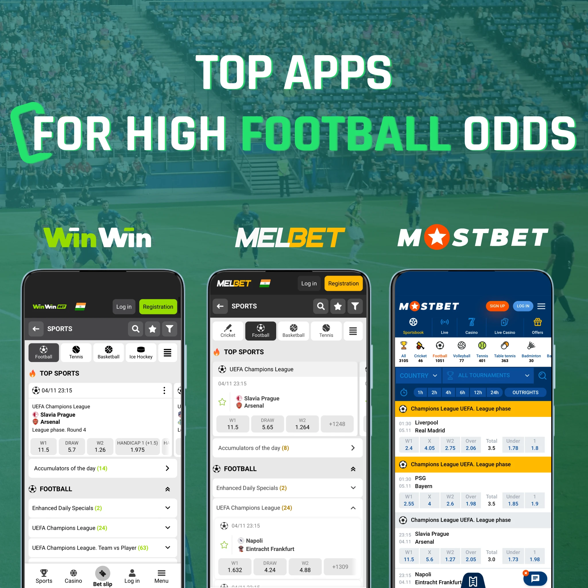Parimatch vs Melbet vs WinWin football odds 2026 - Parimatch 1.55 EPL 2.45 ISL, Melbet 1.57/2.42, WinWin 1.58/2.40, highest returns comparison
