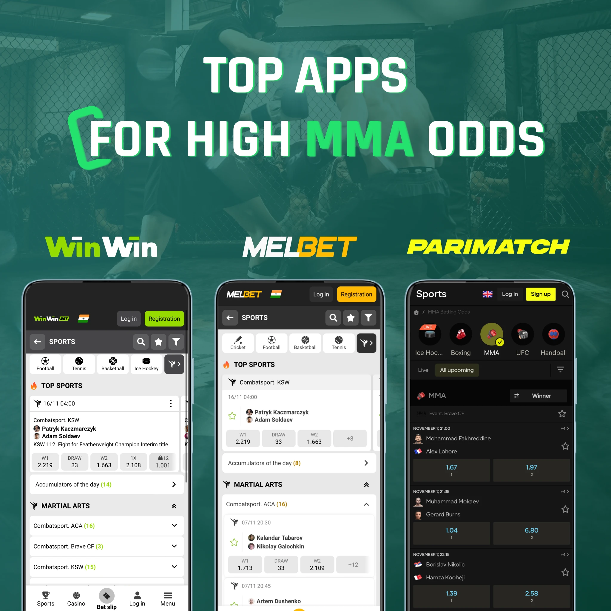 Parimatch WinWin Melbet odds comparison table - Parimatch 2.45 underdog best, WinWin 1.60 favourite best, Melbet consistent spreads