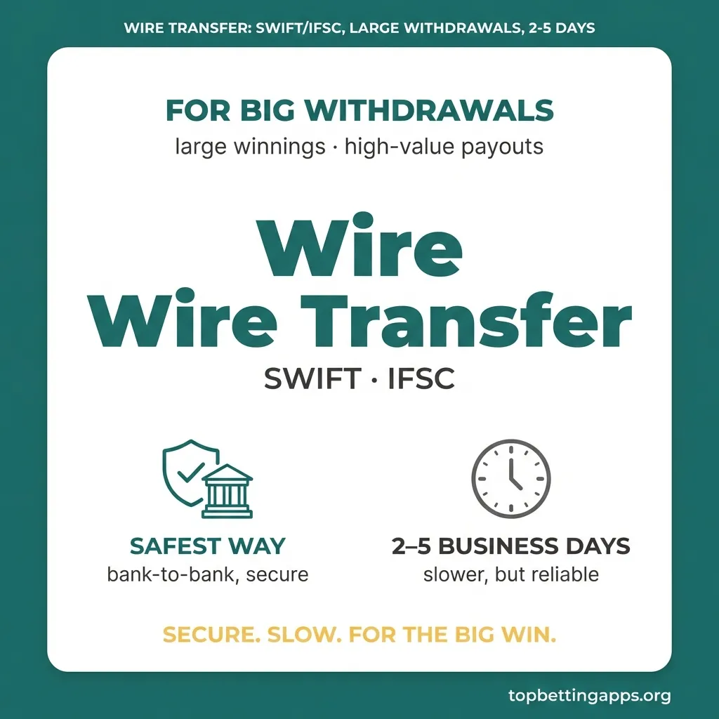 Wire Transfer domestic betting India - IFSC code transfers, 1-2 days processing, ₹10L+ limits, secure bank verification