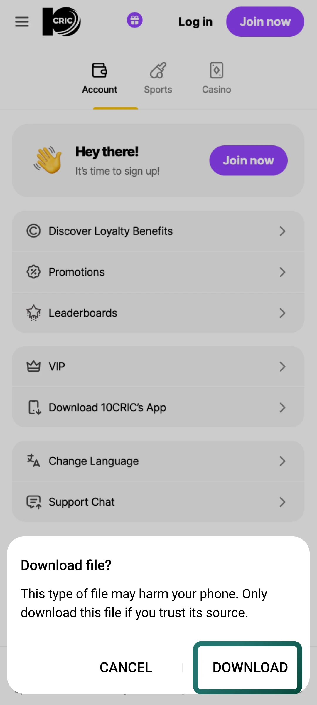 Locate the APK download section on the 10cric homepage or main menu.