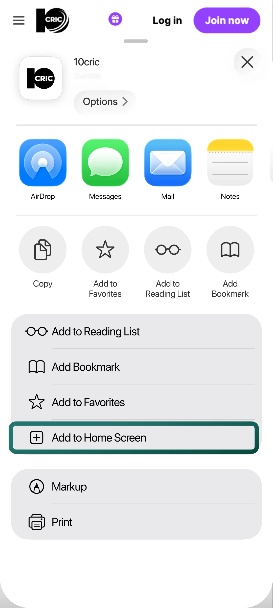 Select Add to Home Screen from the Safari menu to prepare the 10cric PWA installation.