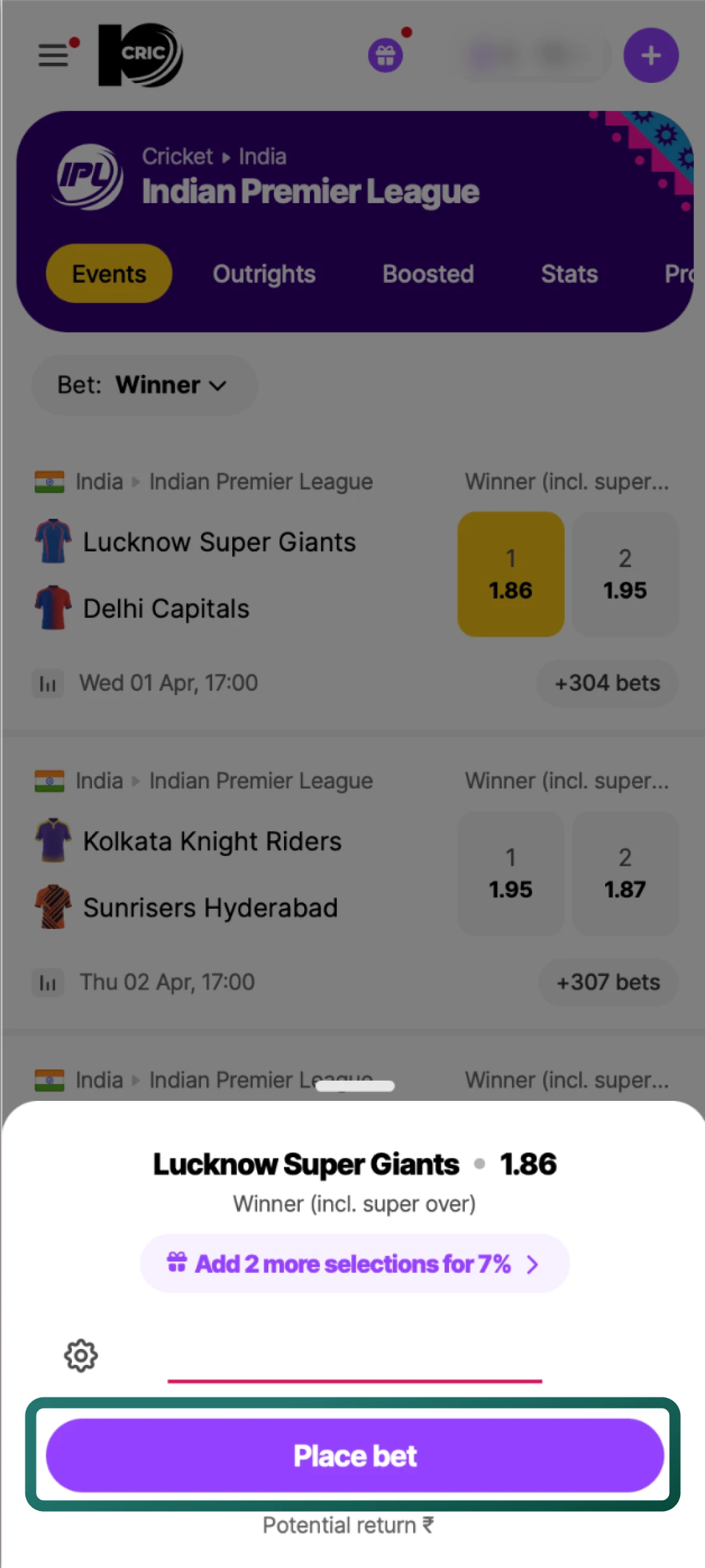 Enter your stake, check the details, and place your bet instantly on 10cric.