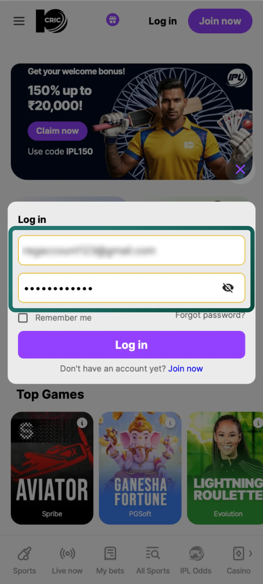Type your registered email and password into the 10cric login form for access.