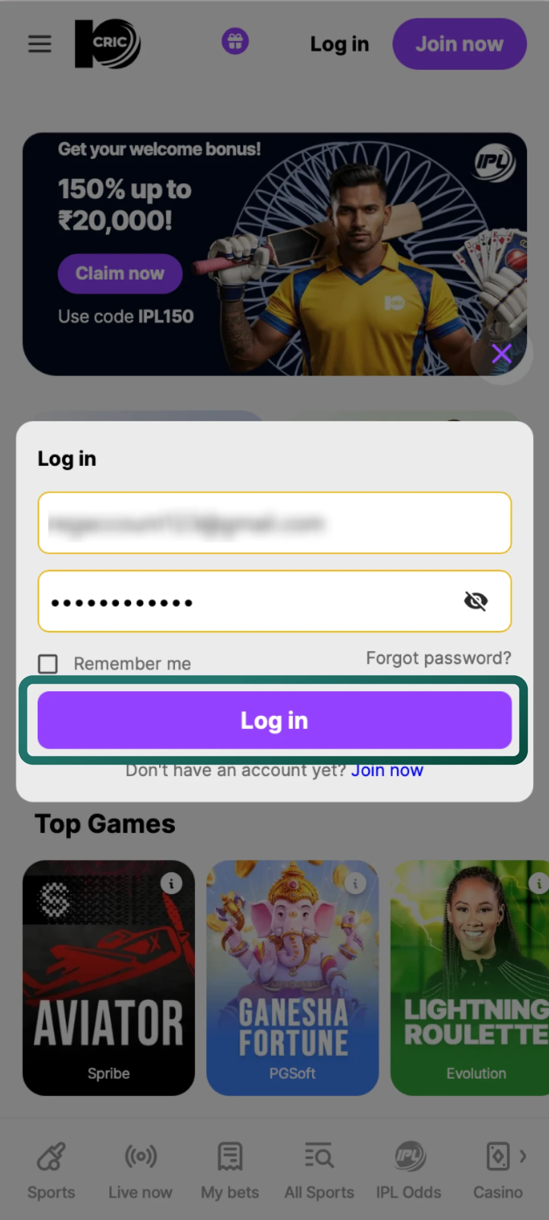 Press the login button to enter your 10cric account dashboard instantly.