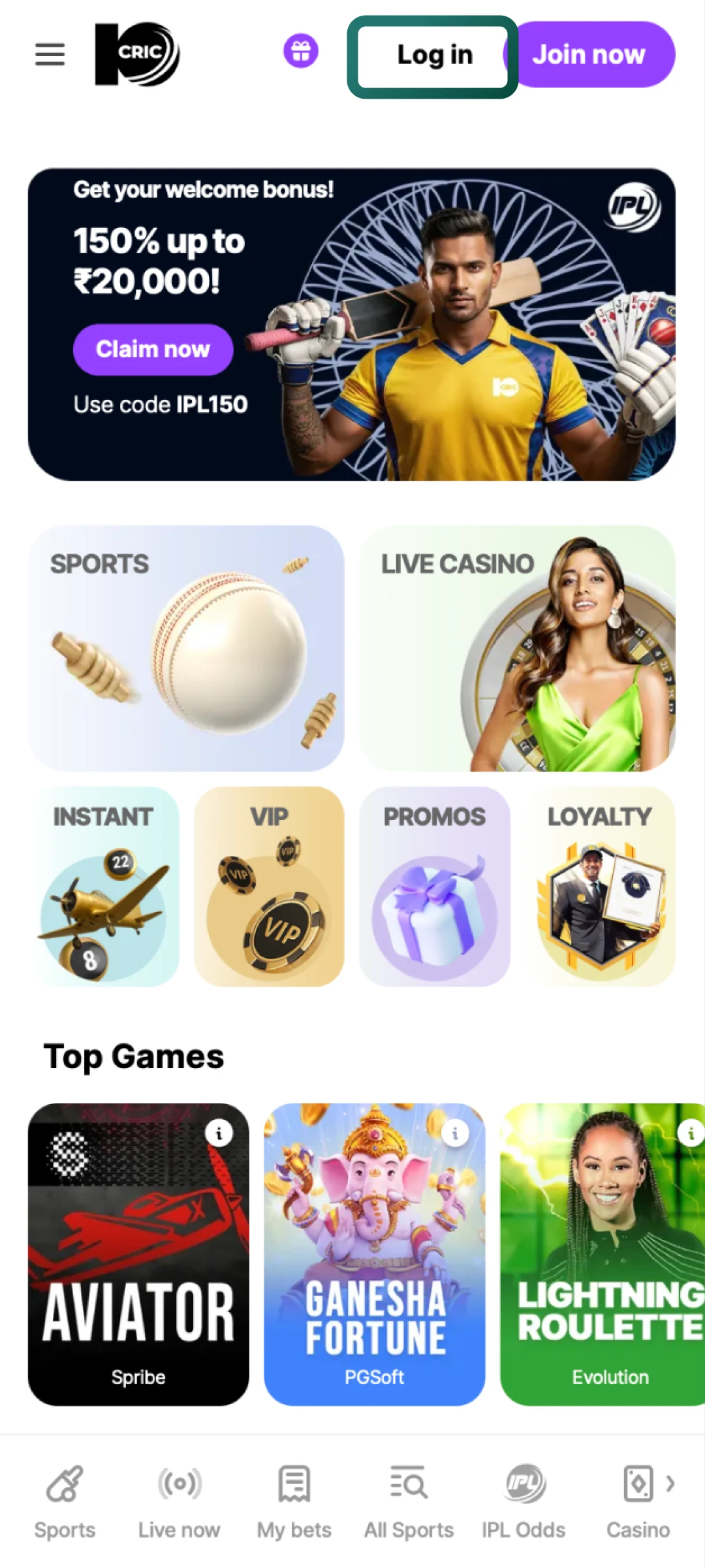 Find the Login option at the top of the 10cric screen and open the sign-in form.