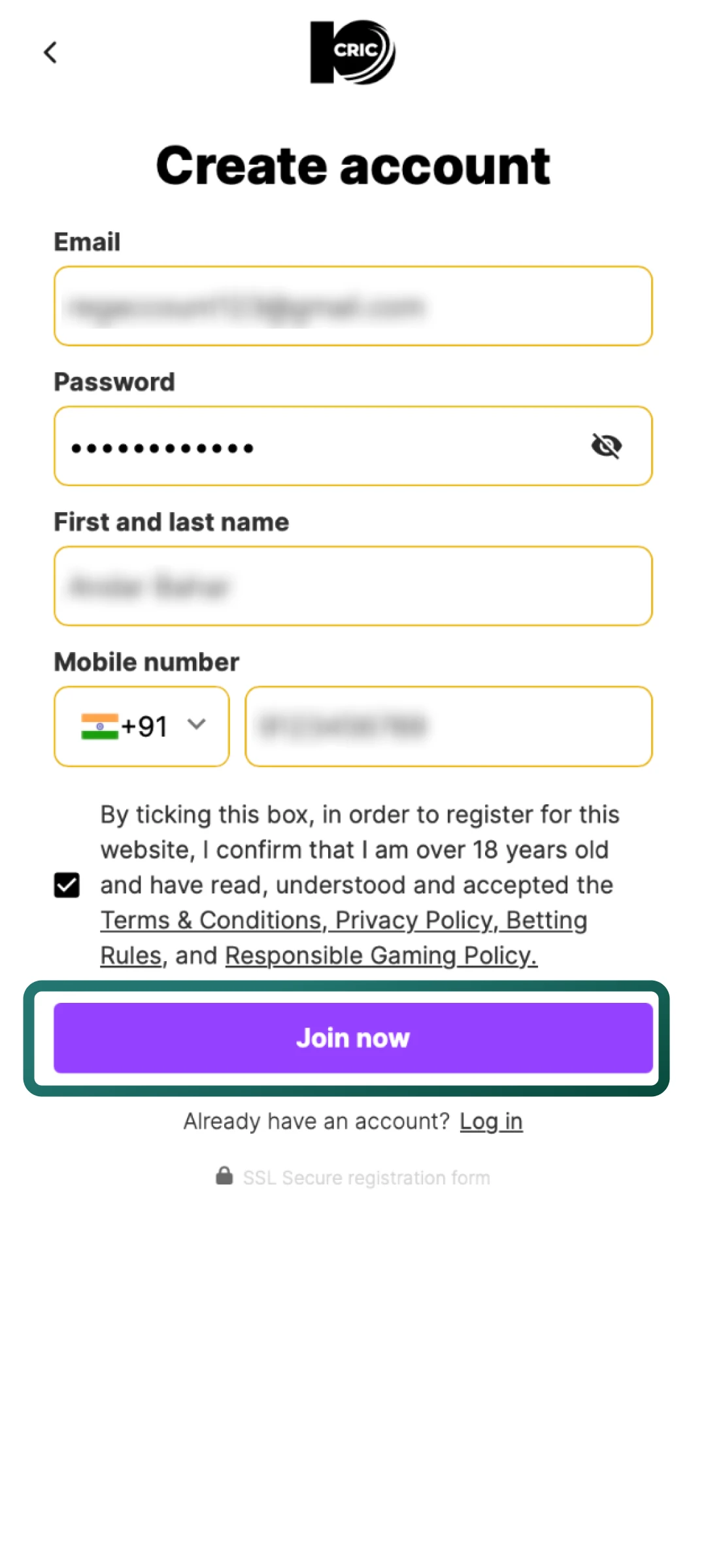 Provide a valid phone number to confirm your identity on the 10cric registration form.