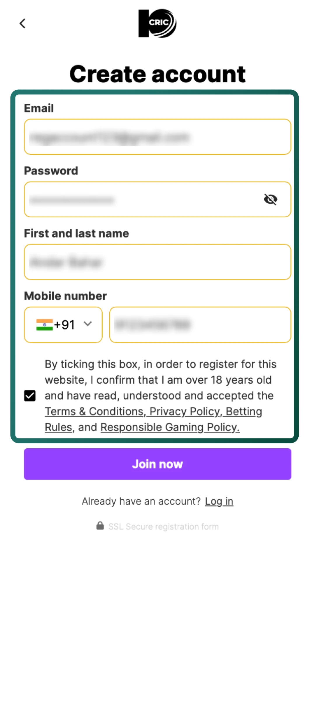 Fill in your email, create a password, and add basic personal information on 10cric.