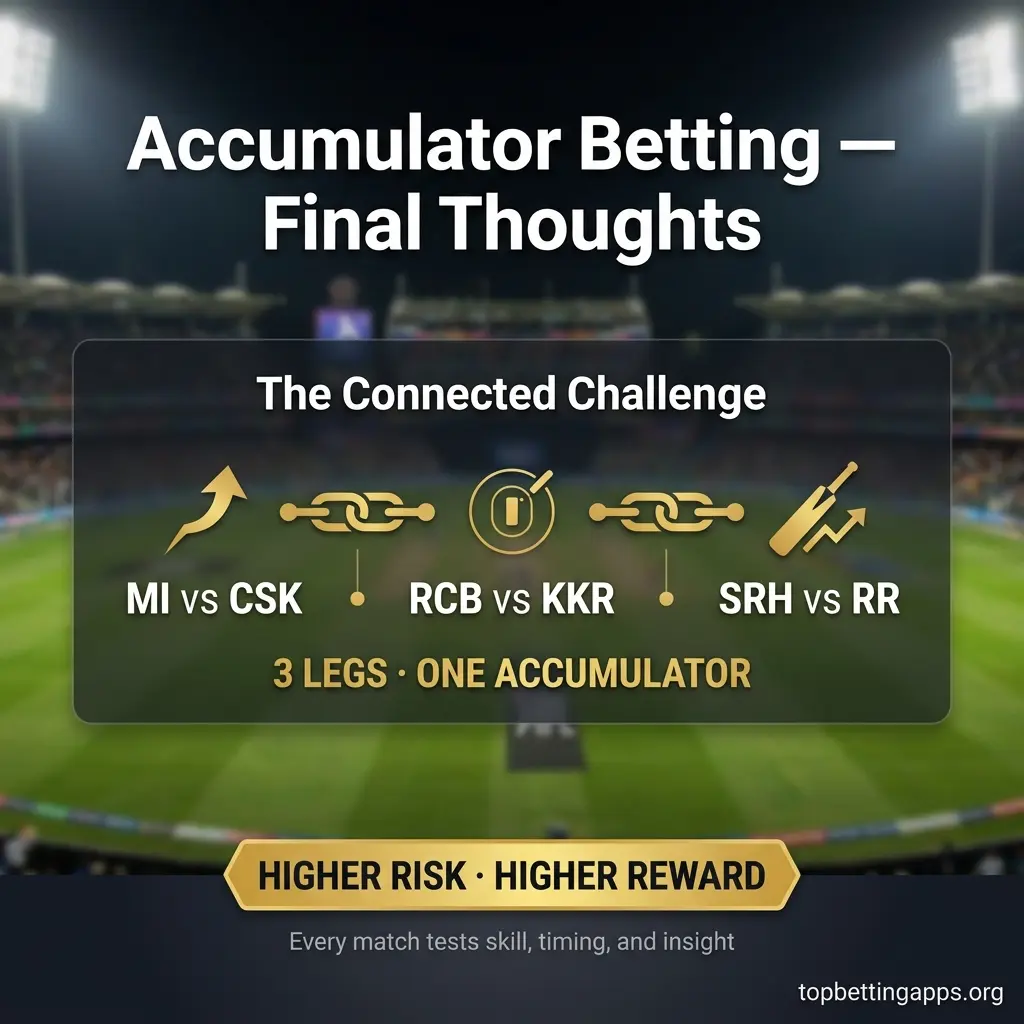 Accumulator meaning in betting conclusion - linking multiple predictions increases both risk and reward compared to single-match wagers.