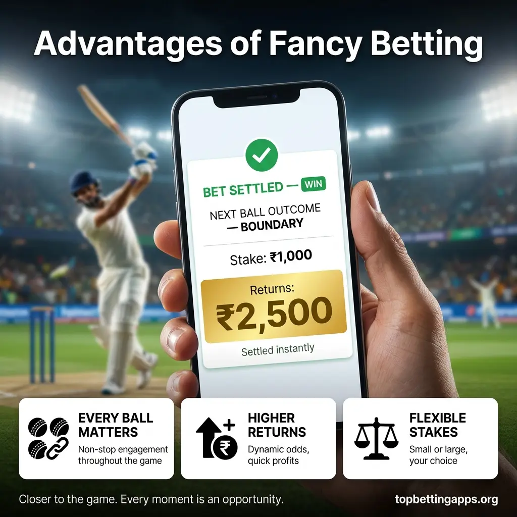 Advantages of fancy cricket betting - players staying engaged throughout game, each ball offering new betting opportunity.