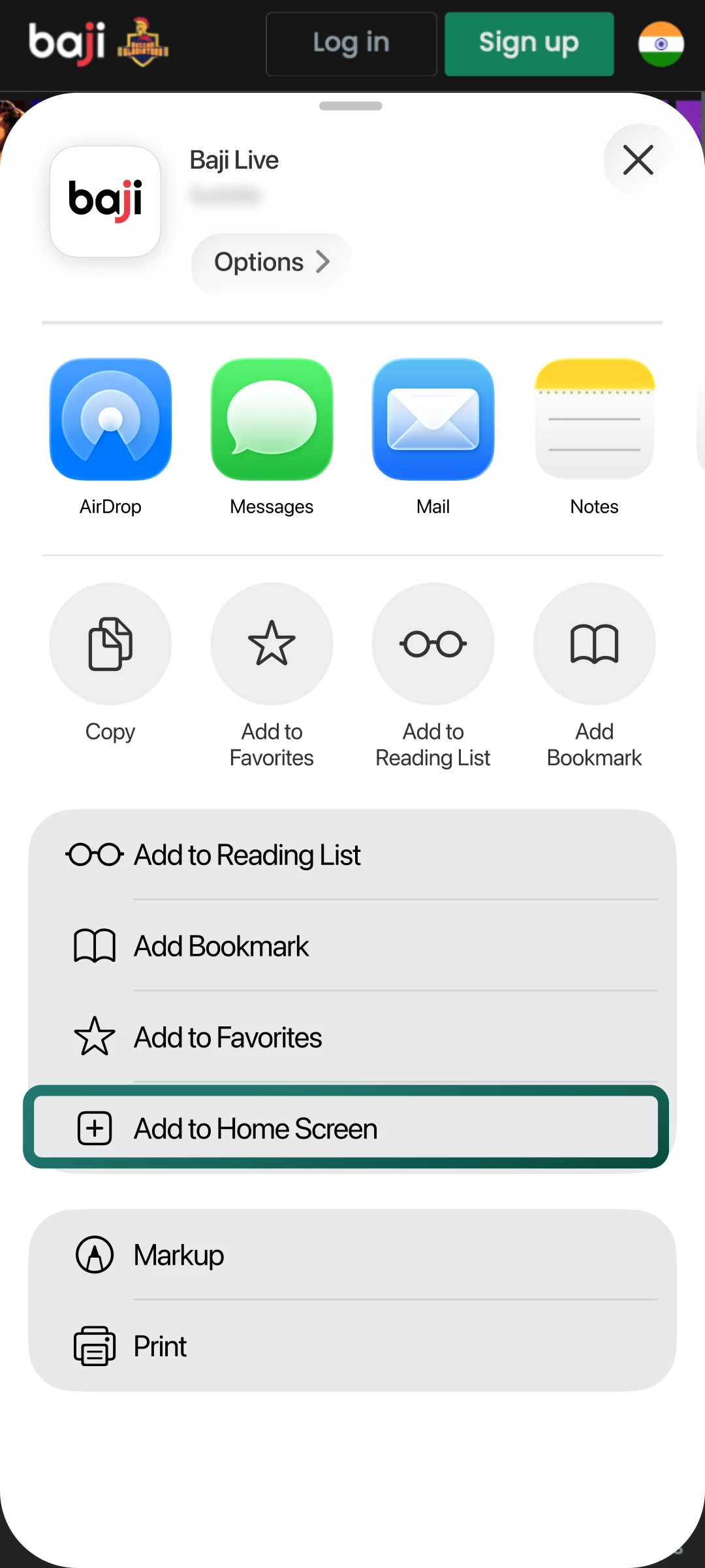 Select the Add to Home Screen option from the list to create a Baji Live shortcut.
