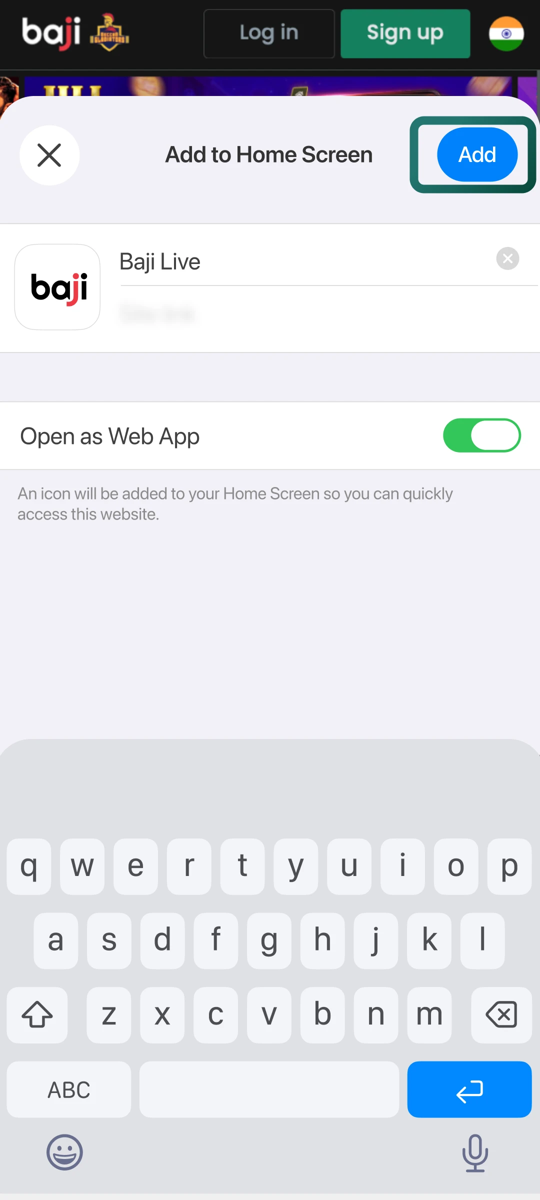Type a name for your Baji Live shortcut and tap the Add button to confirm.