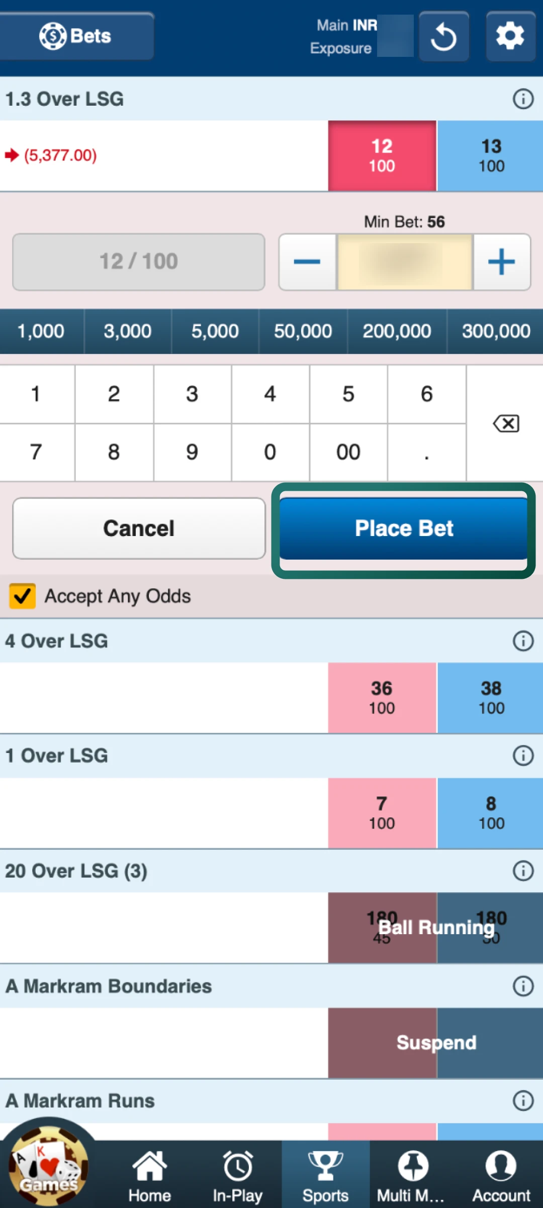 Pick an outcome, enter your stake, and click Place Bet to finalize on Baji Live.