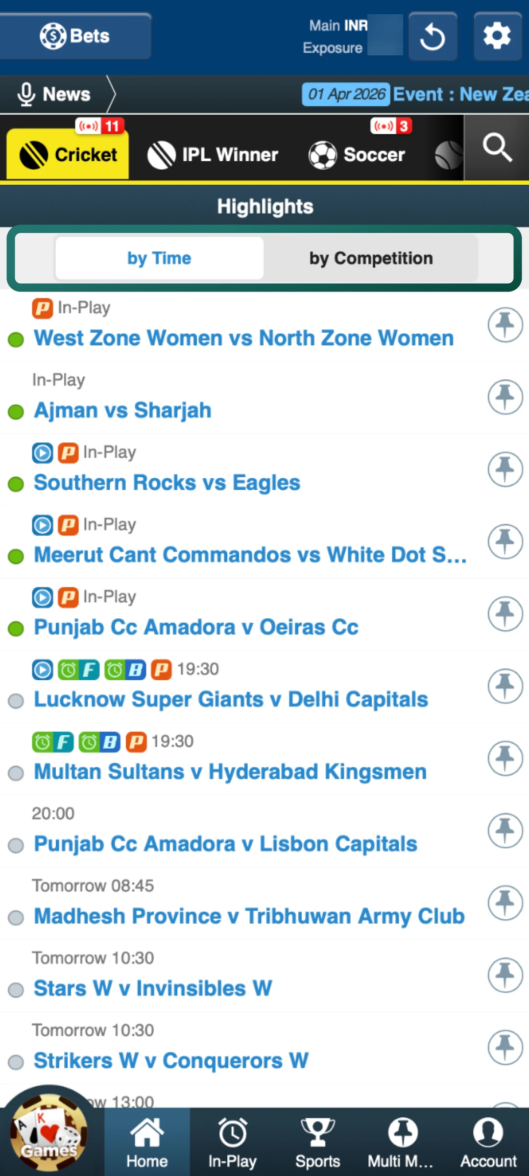 Click on a specific game to view available markets and current odds on Baji Live.
