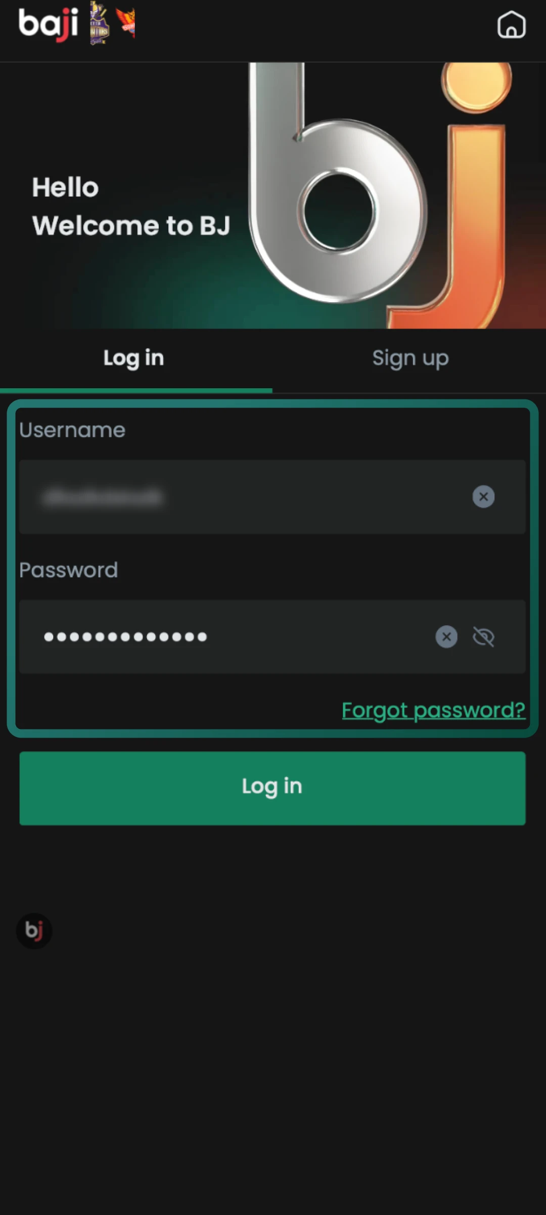 Enter your registered phone number or email and password into the Baji Live login form.
