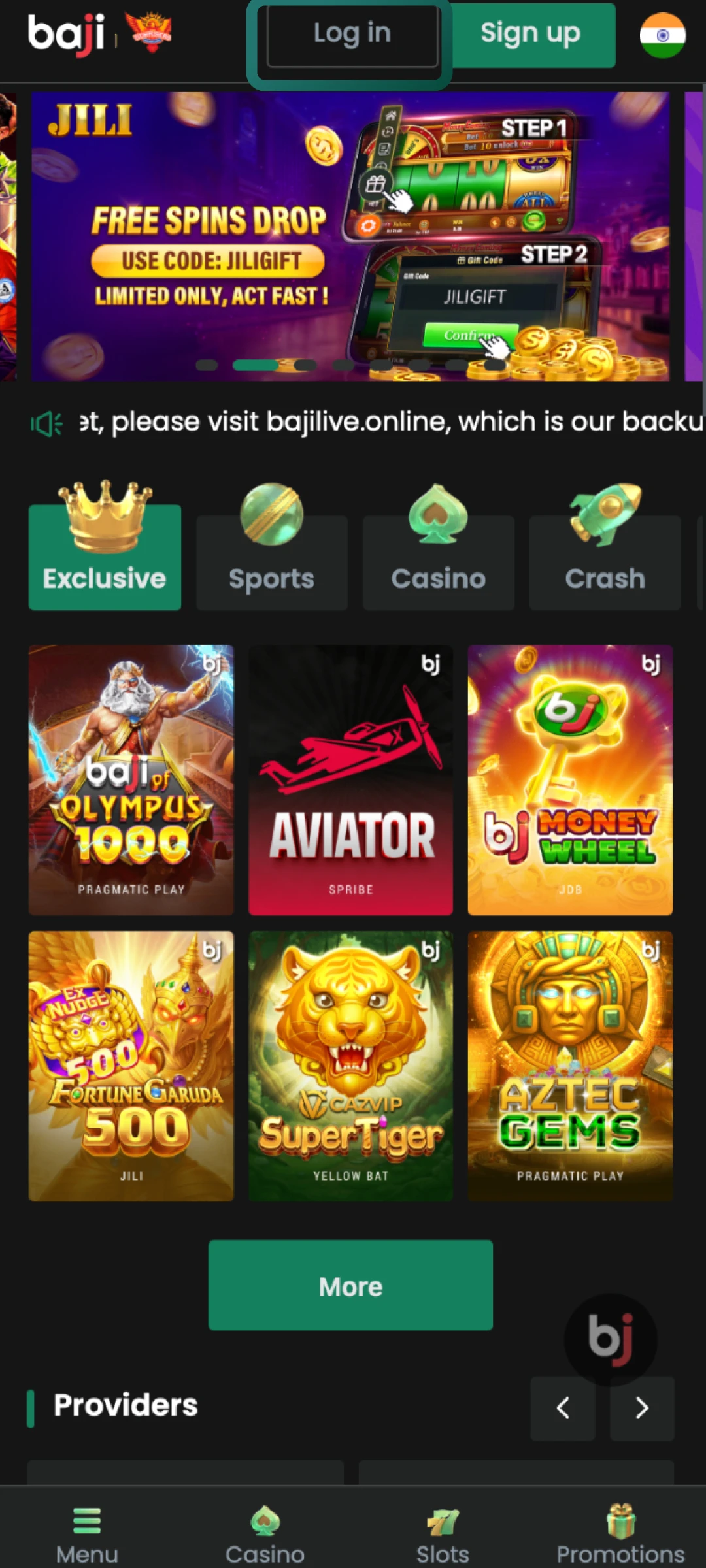 Find the Login button at the top-right corner of the Baji Live screen and tap it.