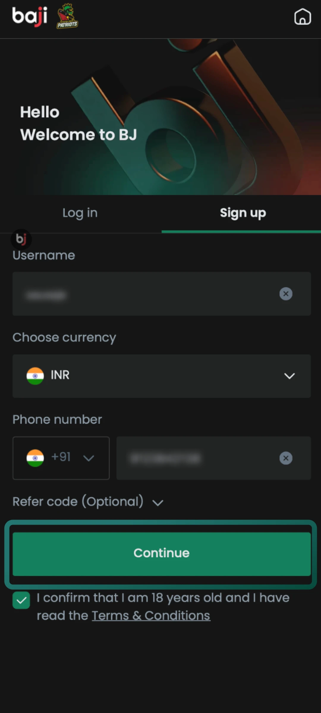 Agree to the site rules and confirm you are over 18 to complete Baji Live registration.