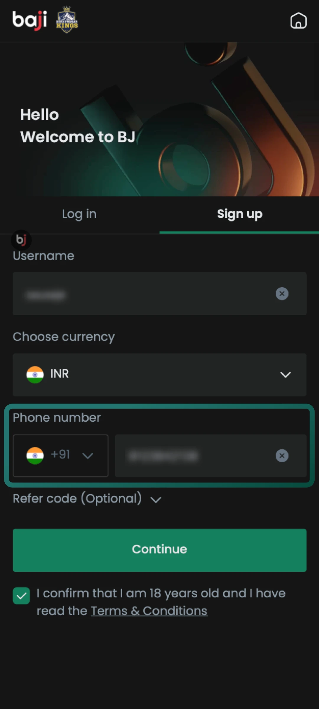 Provide your full legal name and phone number on the Baji Live registration form.