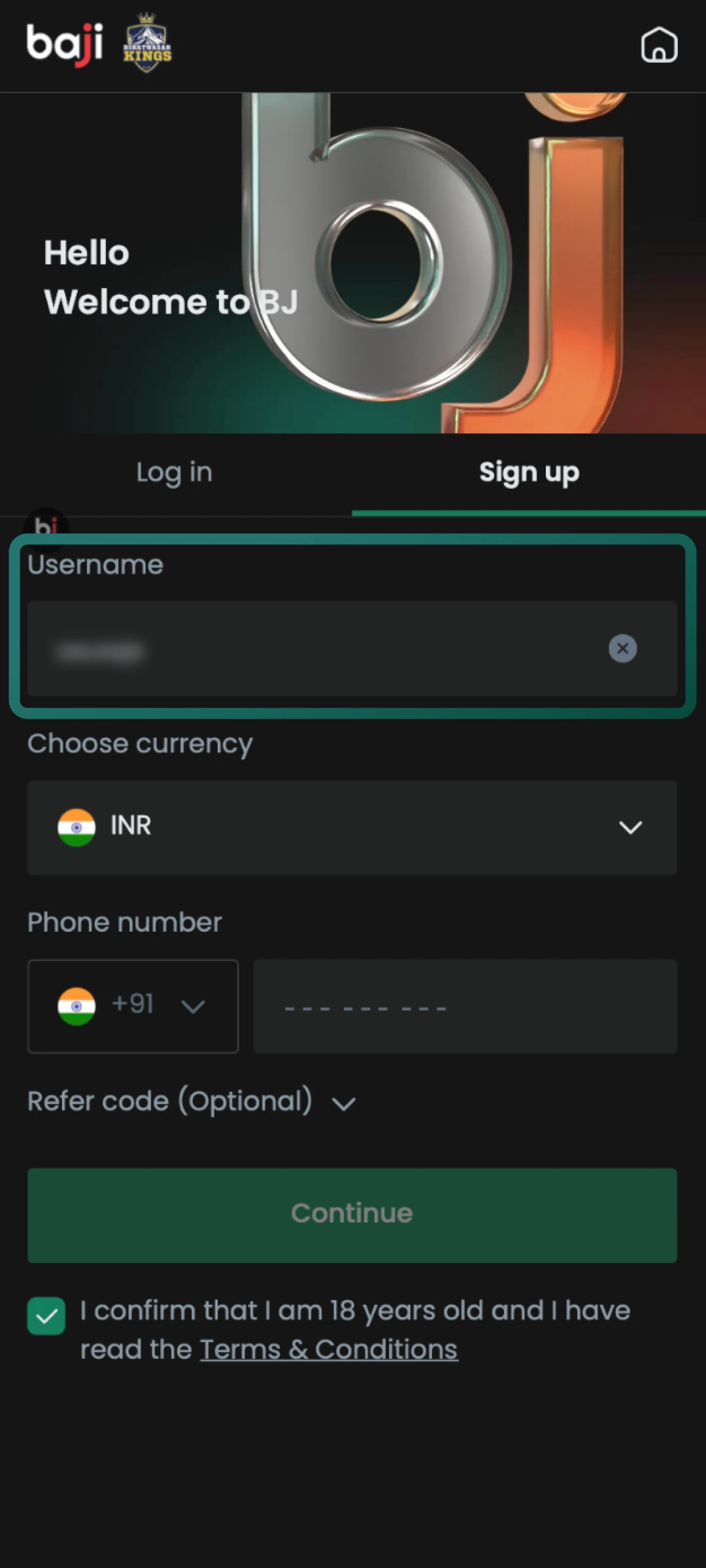 Create a username and strong password for your Baji Live account with INR as currency.