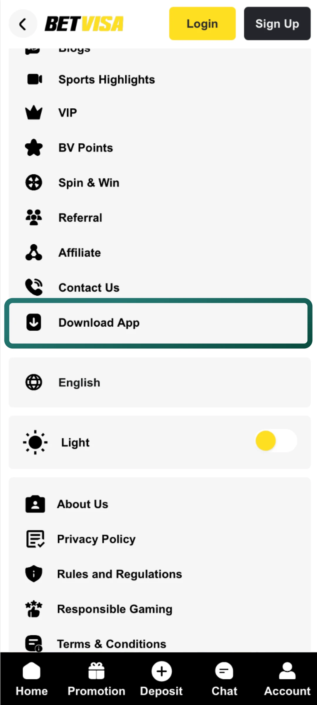 Open the Betvisa platform menu and locate the download area to start downloading the APK.