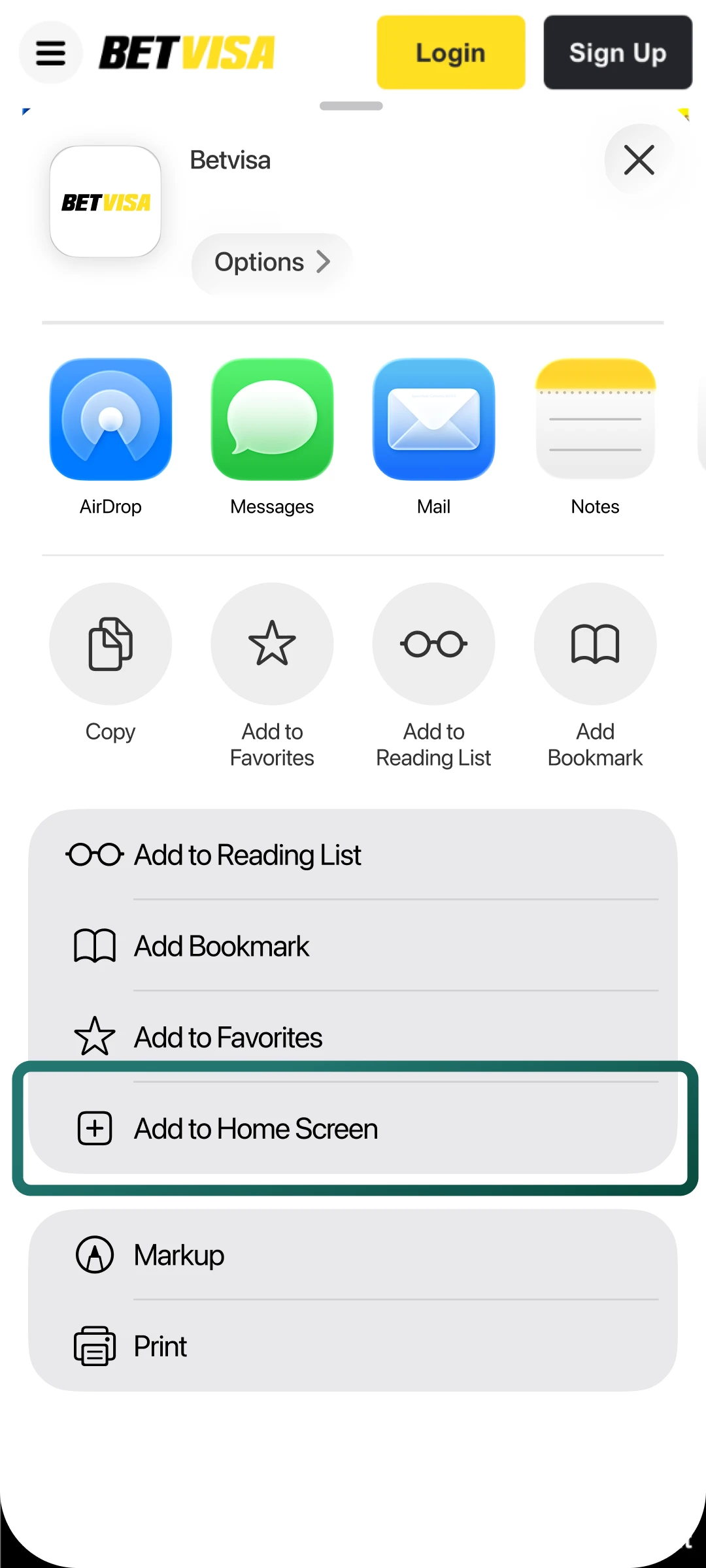Select the option to place the Betvisa app icon directly on your home screen.