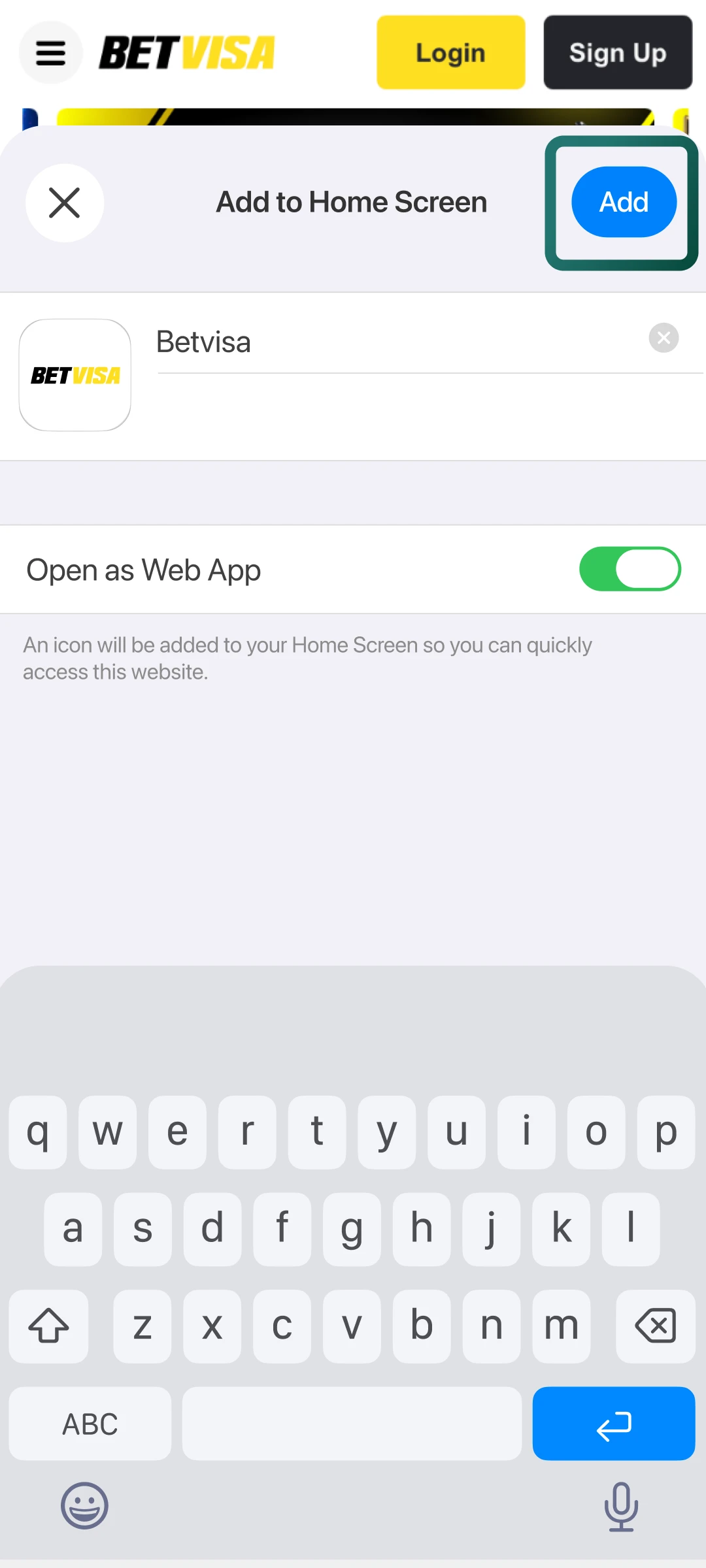Enter a name for your Betvisa shortcut and confirm to complete the setup.