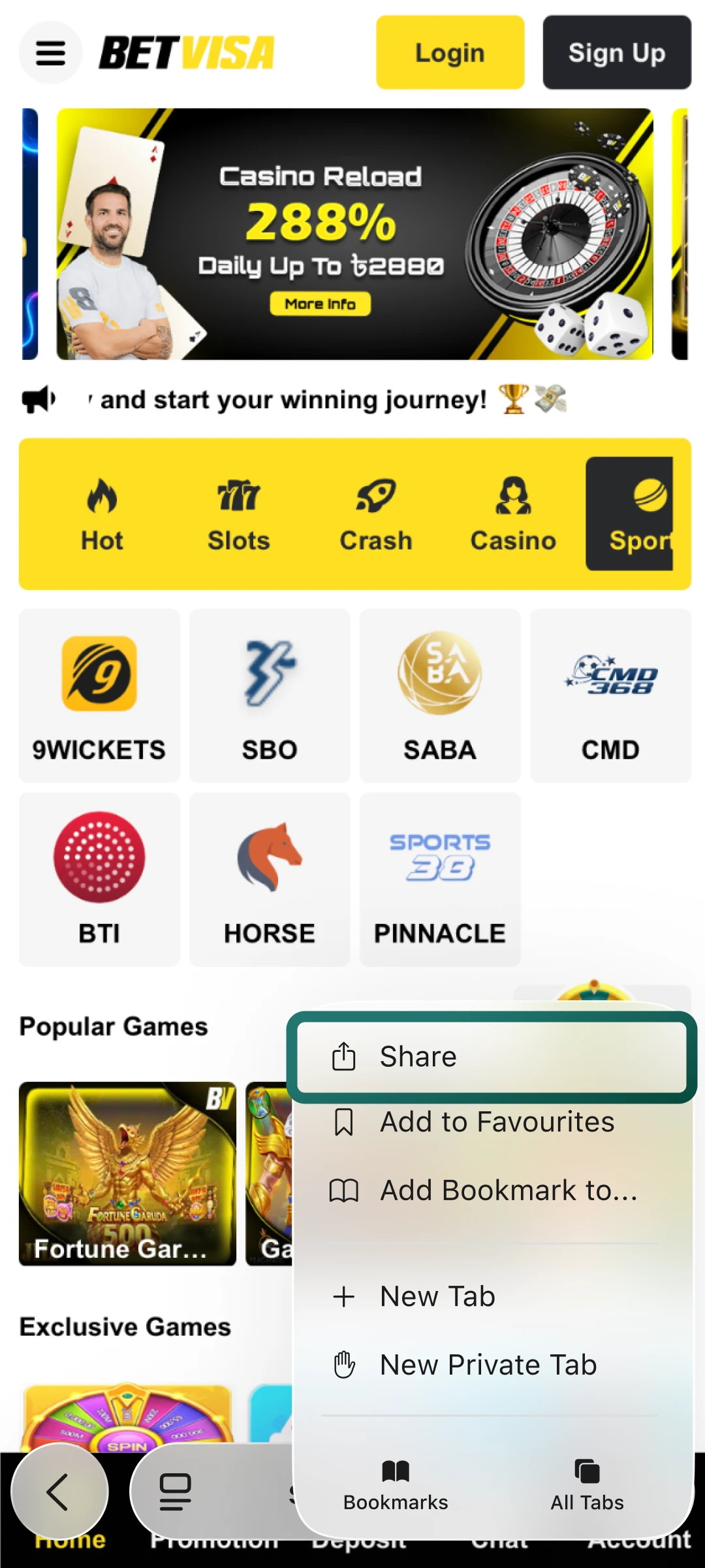 Tap the share icon in the browser menu to open available actions for Betvisa.