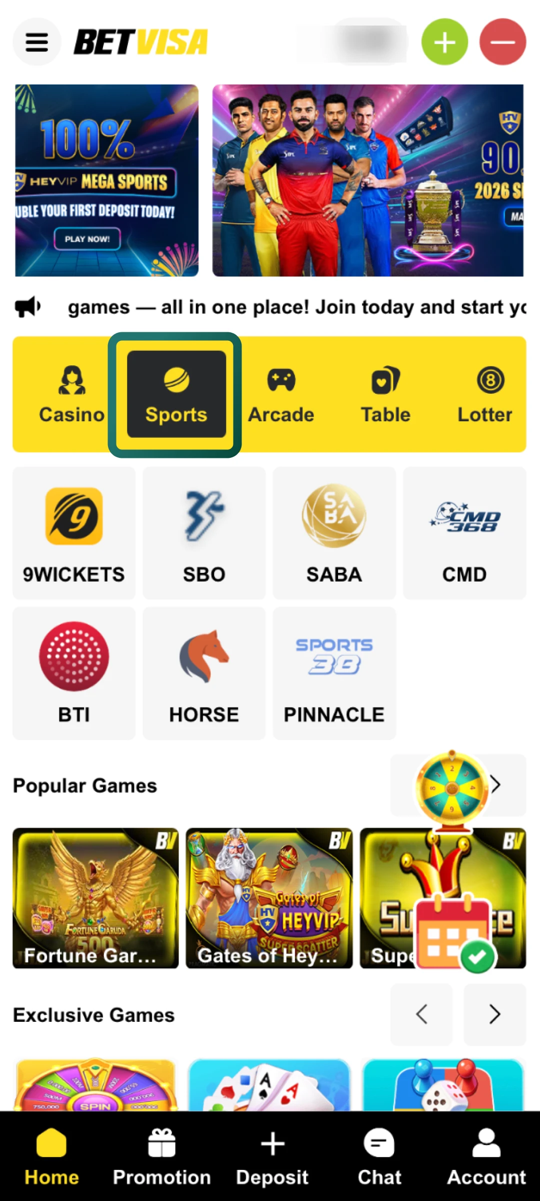 Enter the Betvisa Sportsbook and choose a category like cricket or football from the list.