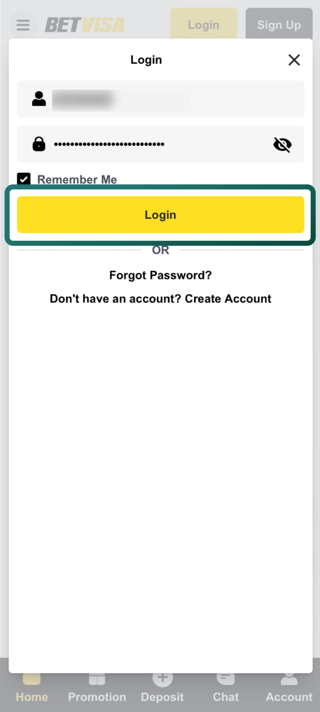 Press the login button on Betvisa to enter your account and continue.
