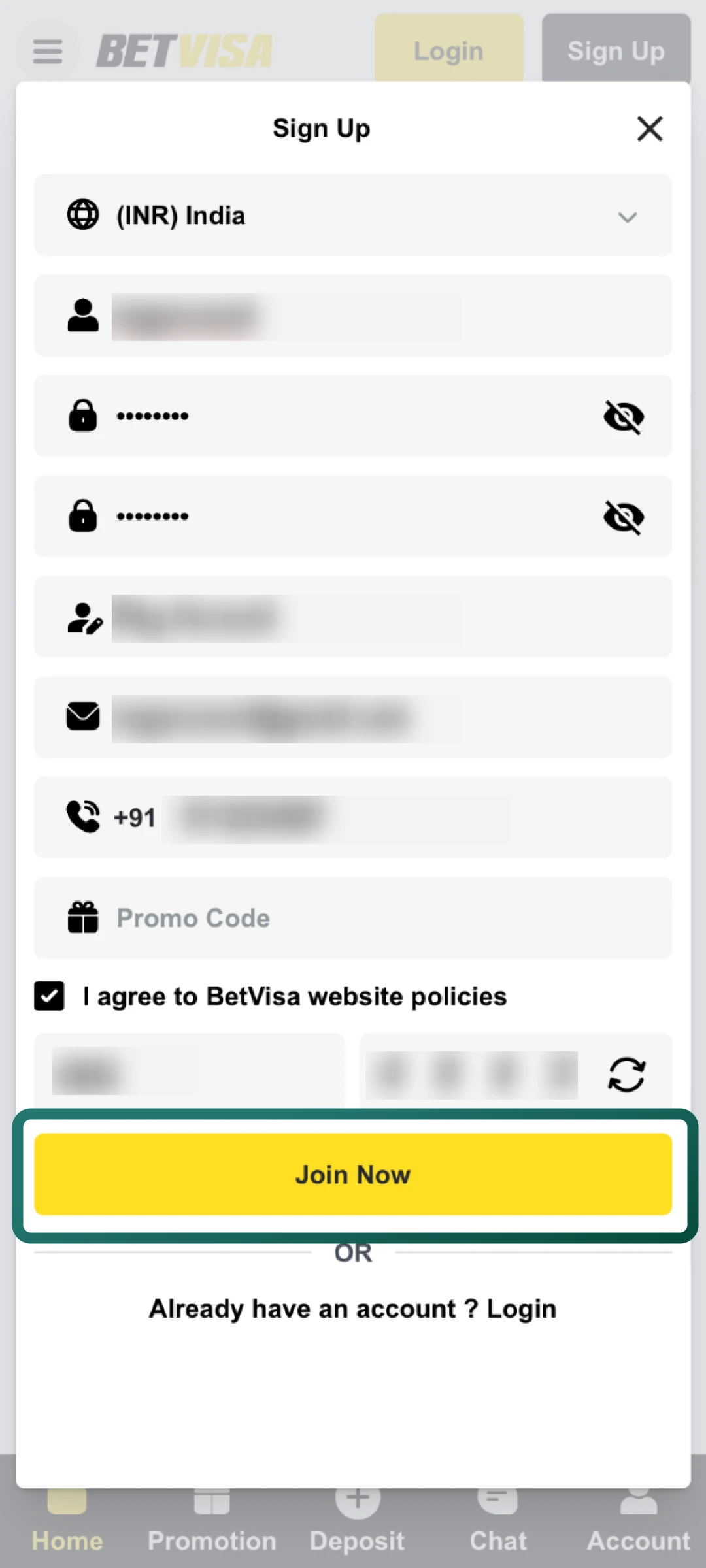 Tick the agreement box and press Join Now to finish your Betvisa registration.