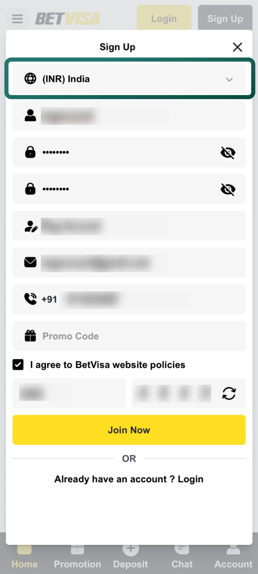 Choose India and INR at the top of the Betvisa registration form to set your region correctly.