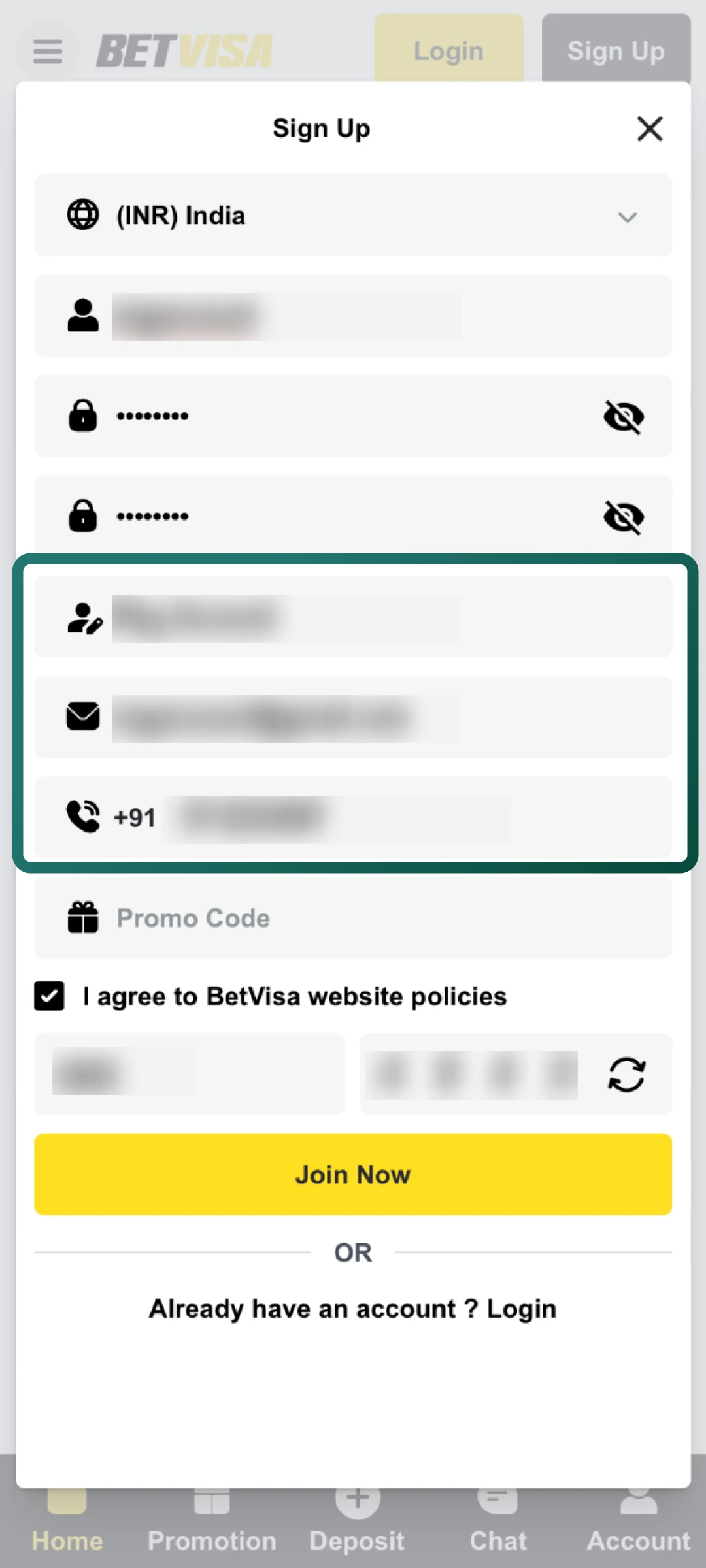 Add your full name, email address, and mobile number with the +91 code on Betvisa.