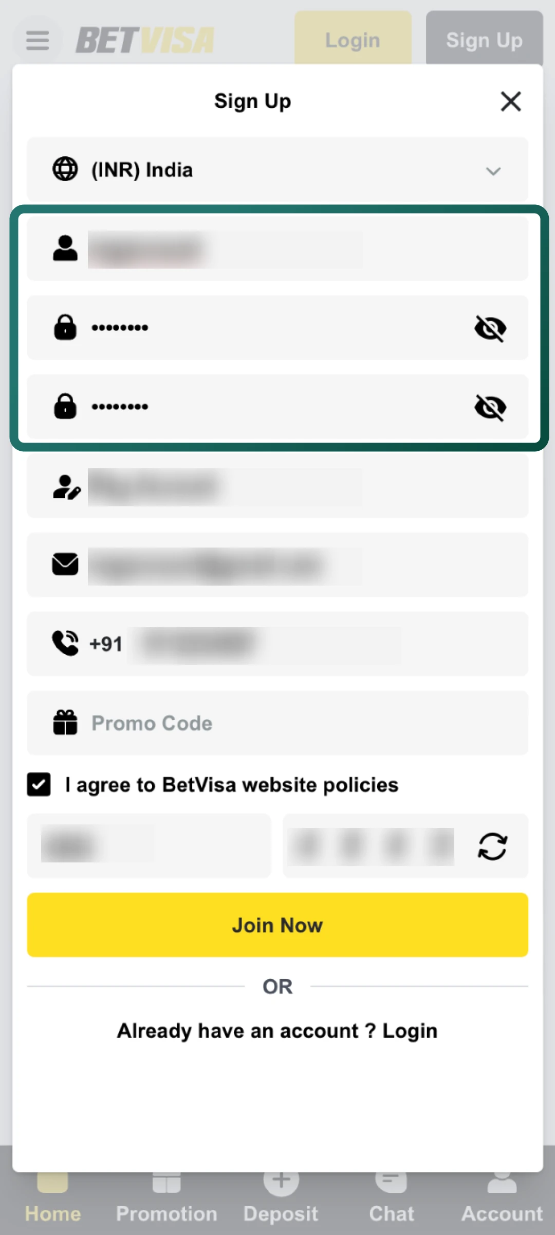 Enter a unique username and set a secure password for your Betvisa account.
