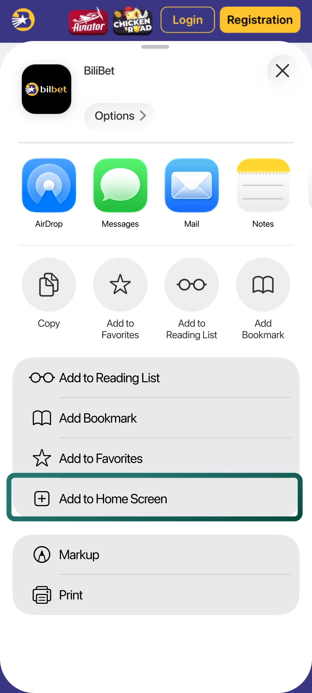 Scroll down the menu and tap Add to Home Screen for the Bilbet shortcut.