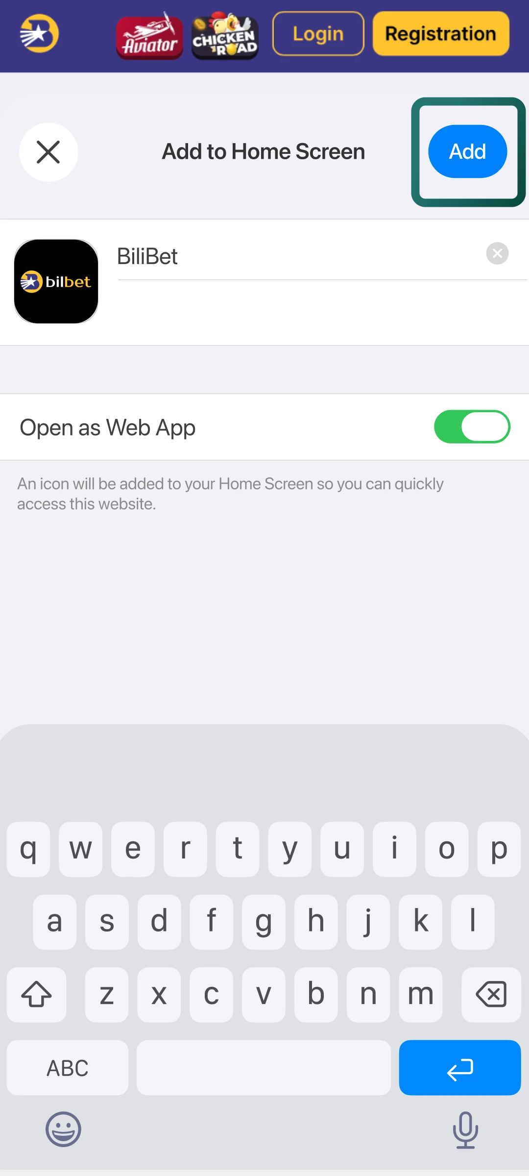 Type a name for your Bilbet shortcut and tap the add button to confirm.