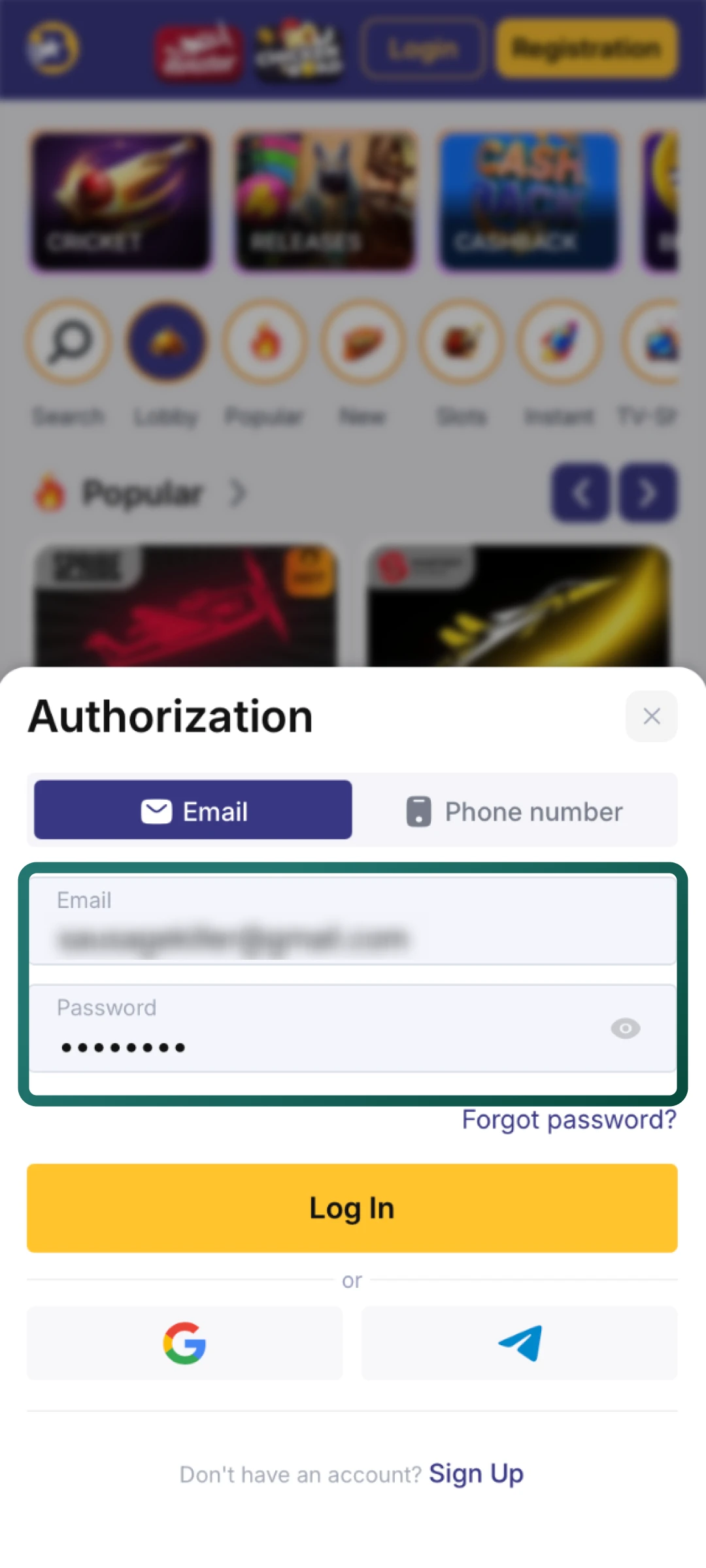 Type your email address or phone number and password into the Bilbet login form.