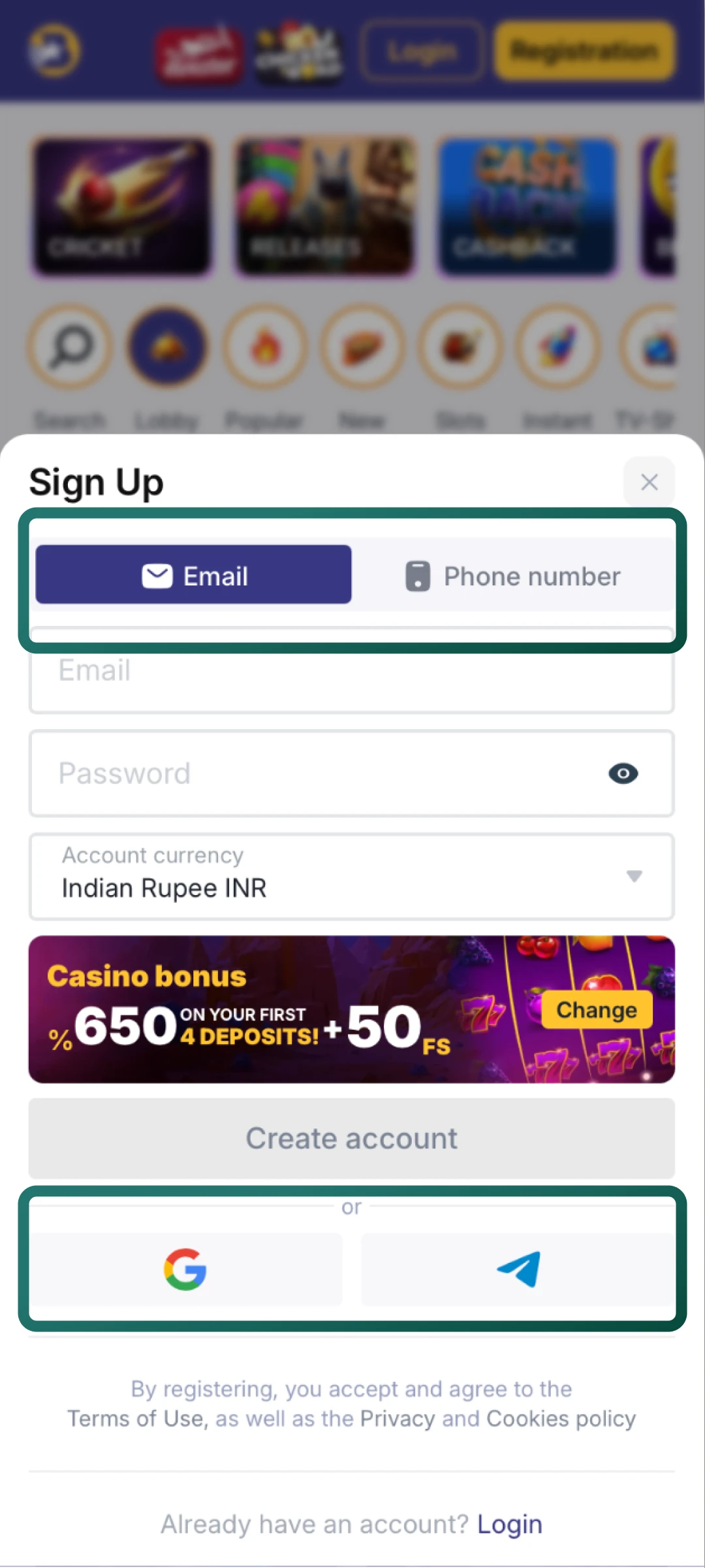 Choose from four ways to join Bilbet including email, phone, Telegram, or Gmail.