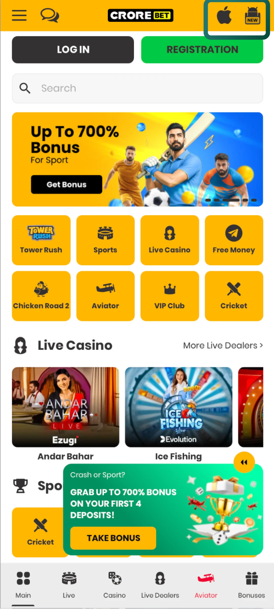 Go to the app section on the official Crorebet platform and download the APK file.