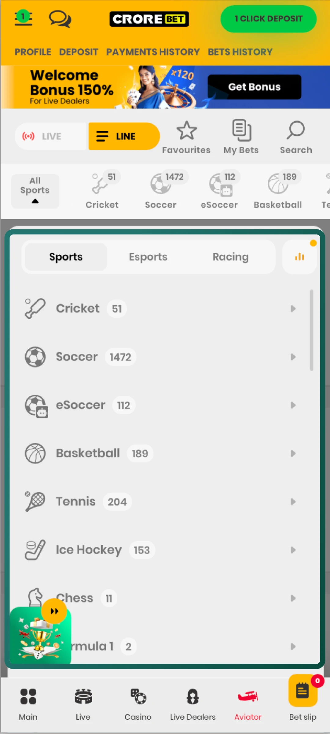 Tap on odds to add a Single bet or combine selections into an Accumulator on Crorebet.