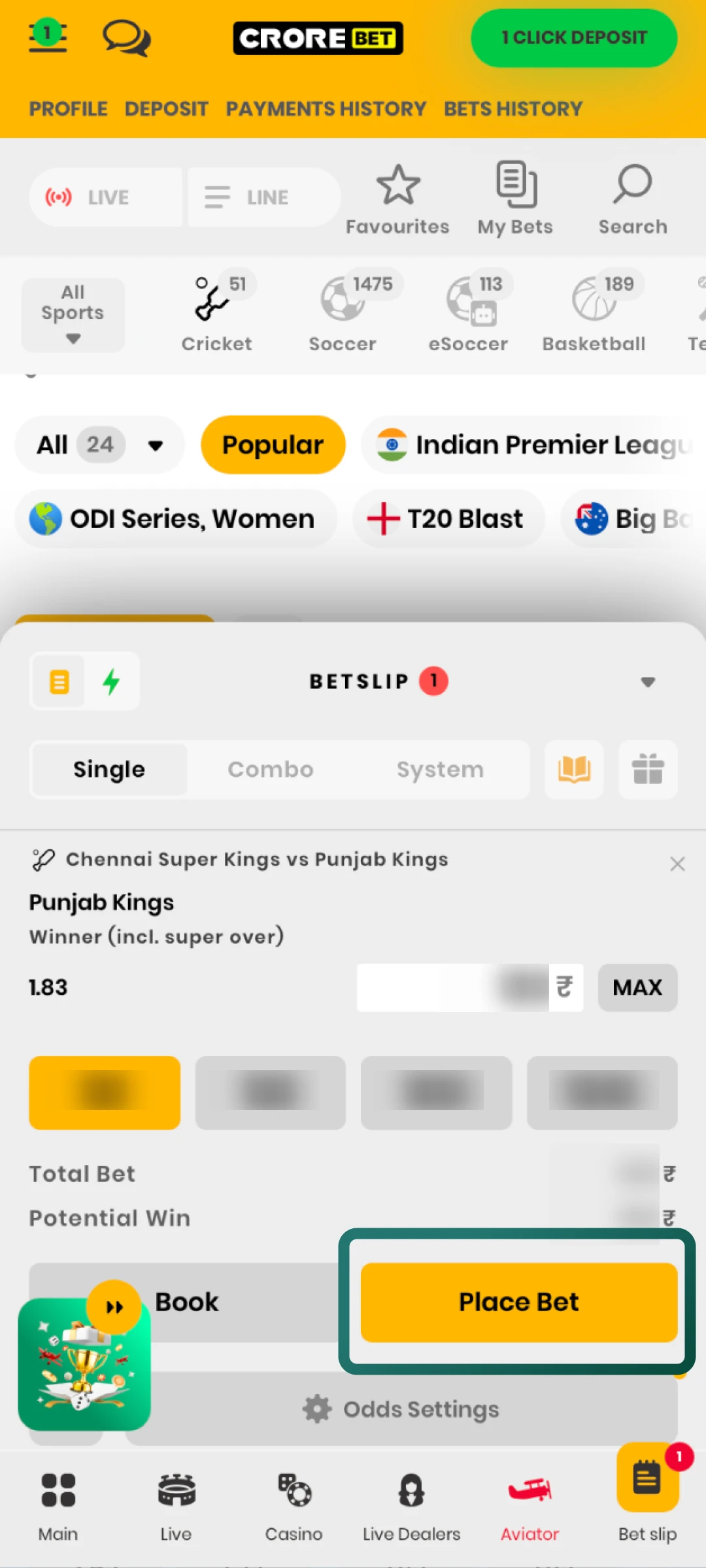 Review your picks in the Crorebet bet slip, enter your stake, and confirm to place the bet.