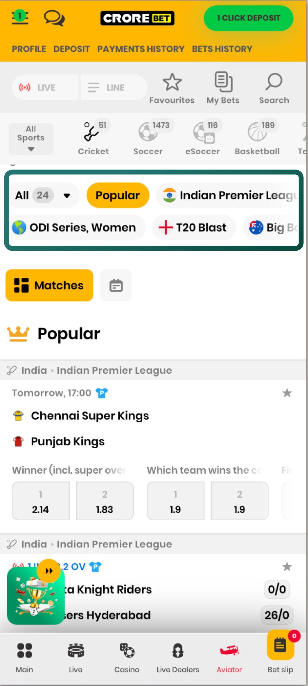Choose an event from the Crorebet list, where matches are sorted by league and time.