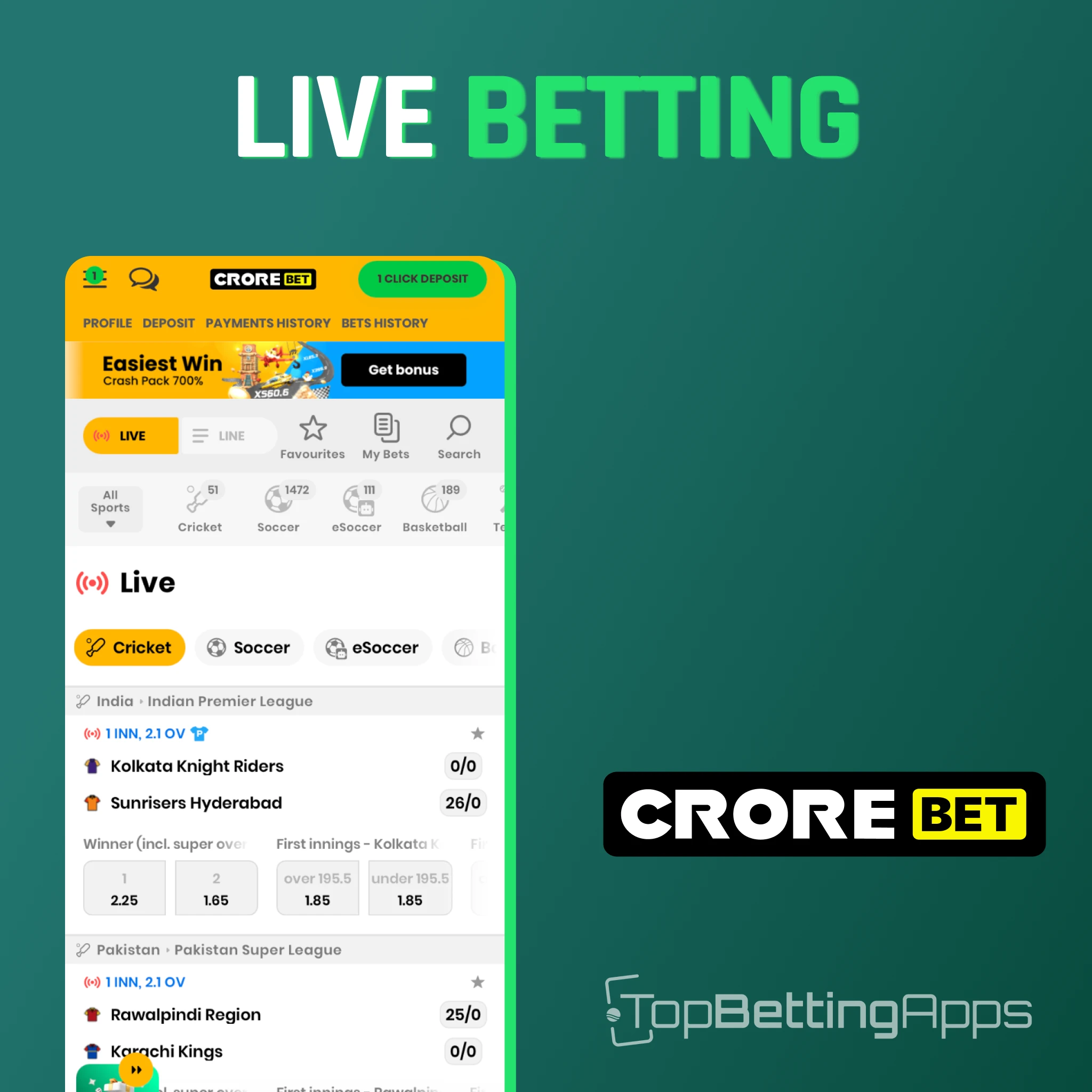 Bet during the game with updated odds and cash out options on Crorebet.