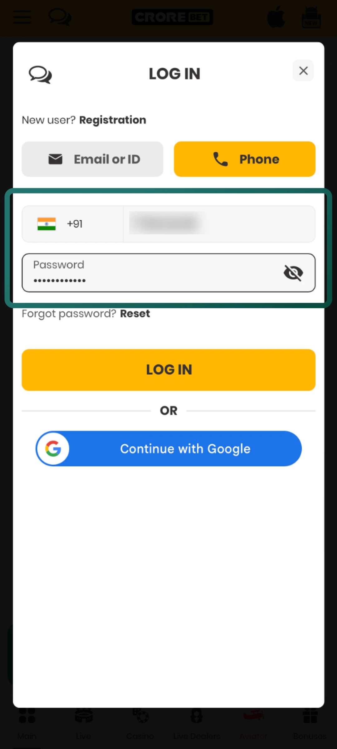 Provide your email or phone number together with your Crorebet password.