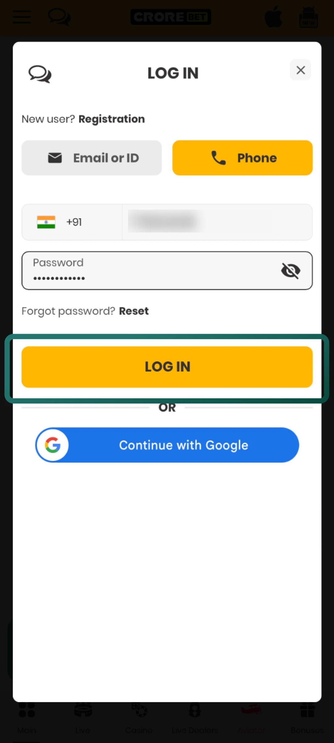 Press confirm to enter your Crorebet account and continue using the platform.