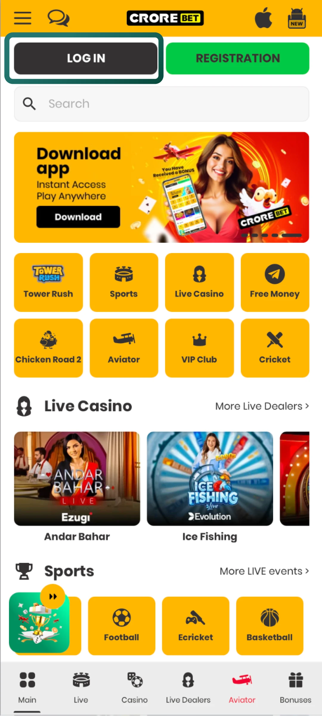 Find the login button placed in the top corner of the Crorebet screen.